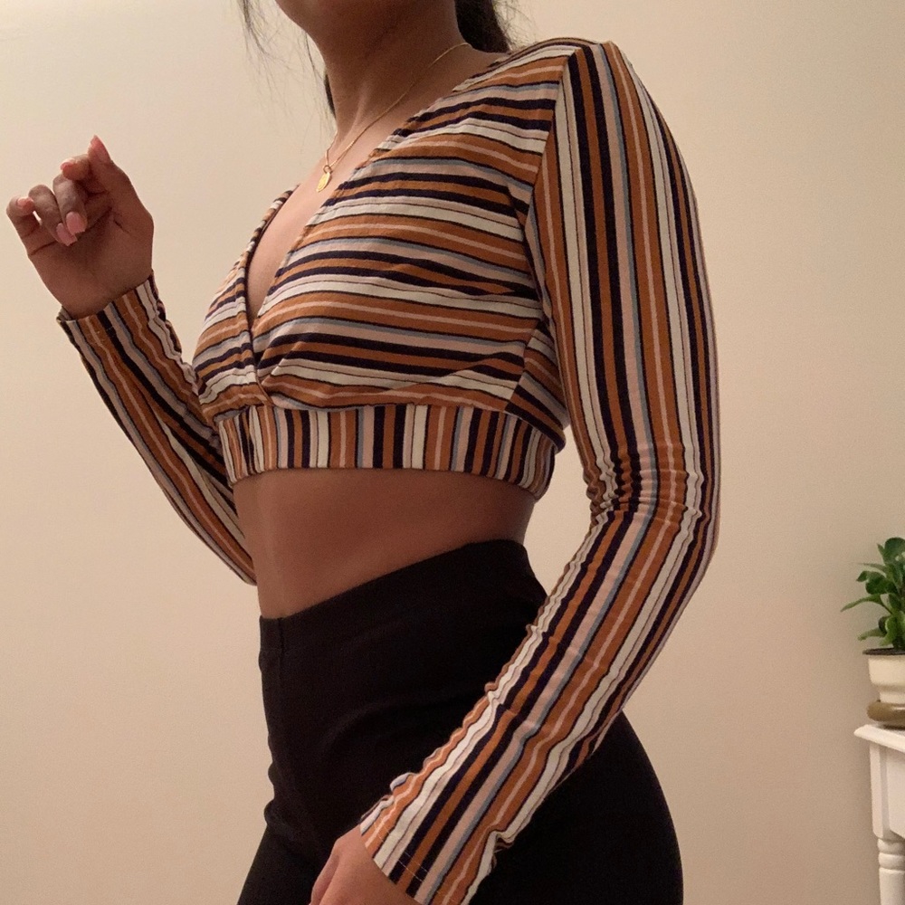 Multicolor Striped Long Sleeve Crop Top